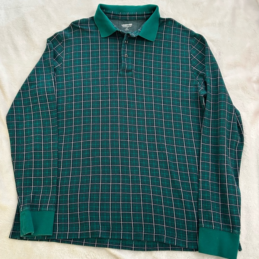 Lands' End Green Checkered Polo Shirt